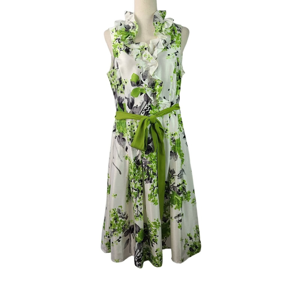 Jessica Howard Green White Gray Ruffle Collar Pleated Skirt Tie Waist Dress 12